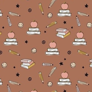 Back to school boho style vintage books smileys pencils and stars kids kindergarten design seventies palette yellow beige on sienna