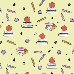 Back to school boho style vintage books smileys pencils and stars kids kindergarten design seventies palette pink lilac orange on yellow