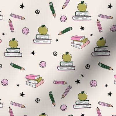 Back to school boho style vintage books smileys pencils and stars kids kindergarten design pink blush green on sand