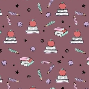 Back to school boho style vintage books smileys pencils and stars kids kindergarten design seventies girls palette mint lilac red on eggplant berry