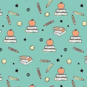 Back to school boho style vintage books smileys pencils and stars kids kindergarten design yellow orange on turquoise blue