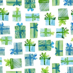 blue and green presents on white background