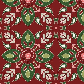 flower tiles Christmas geometric boho ornaments in red and green