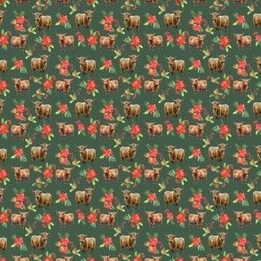 Highland Cow Christmas floral fabric - red and green pinecone poinsettia fabric 2in