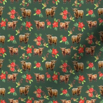 Highland Cow Christmas floral fabric - red and green pinecone poinsettia fabric 4in