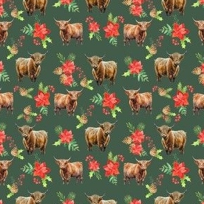 Highland Cow Christmas floral fabric - red and green pinecone poinsettia fabric 4in