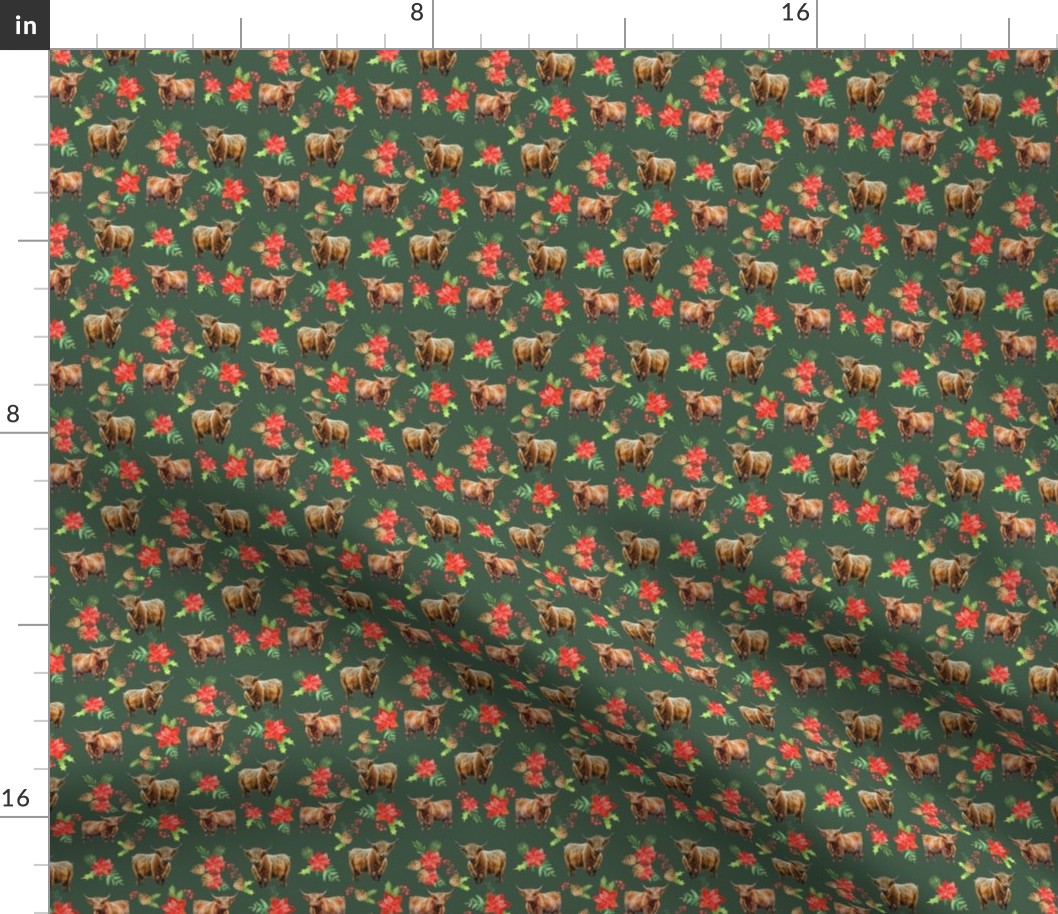 Highland Cow Christmas floral fabric - red and green pinecone poinsettia fabric 4in