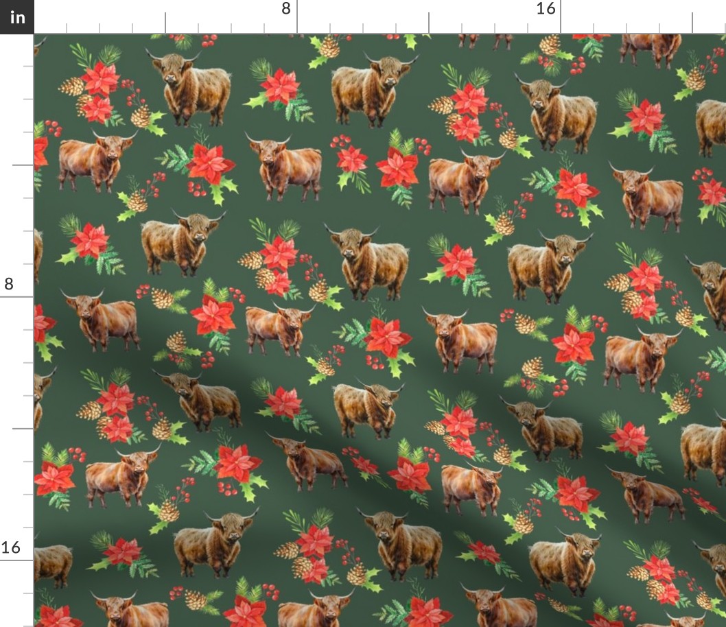 Highland Cow Christmas floral fabric - red and green pinecone poinsettia fabric 10in