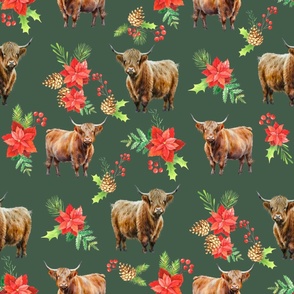 Highland Cow Christmas floral fabric - red and green pinecone poinsettia fabric