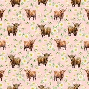 Highland Cow daisies fabric - watercolor flowers 4in