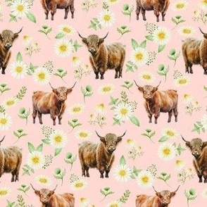 Highland Cow daisies fabric - watercolor flowers 6in