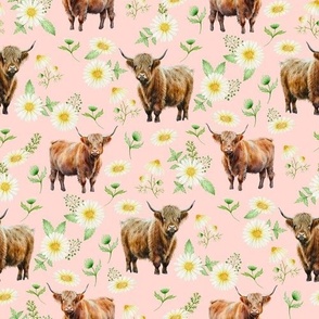 Highland Cow daisies fabric - watercolor flowers 10in