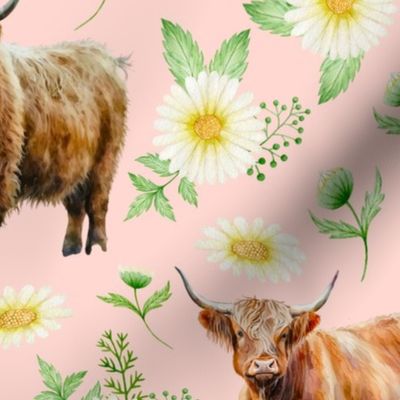 Highland Cow daisies fabric - watercolor flowers