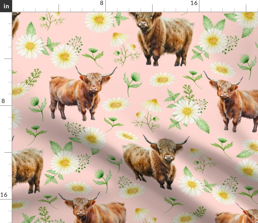 Highland Cow daisies fabric - watercolor flowers