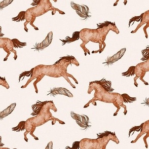 Brown Horses and feathers on cream background medium