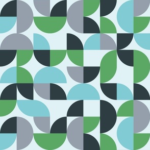 L ✹ Retro Geometric Curved Shapes in Pantone Grey, Green, Navy Blue, and Aqua