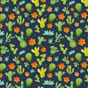 Small Scale Green Cactus Orange Flowers on Navy