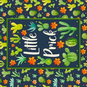 Large 27x18 Panel Little Prick Sarcastic Cactus and Flowers on Navy for Wall Hanging or Tea Towel