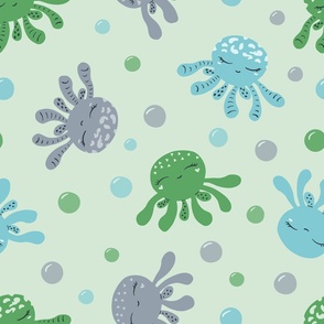 Cute smiley octopuses in green, blue and gray colors on light green, LARGE scale