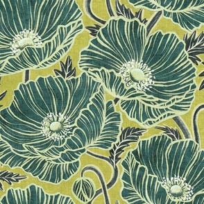 Fresh Wild Poppies in Lime and Green on Chartreuse Large