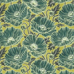 Fresh Wild Poppies in Lime and Green on Chartreuse Medium
