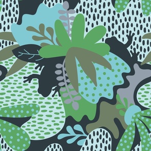 (L) Abstract tropical forest with frogs. Midnight blue, Green , blue.