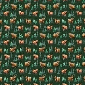 Highland Cow dark green watercolor winter evergreen fabric - fir trees 2in