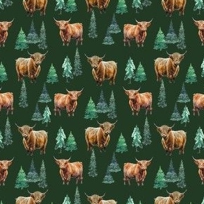 Highland Cow dark green watercolor winter evergreen fabric - fir trees 4in