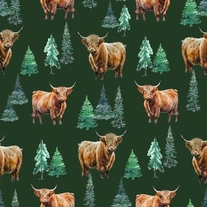 Highland Cow dark green watercolor winter evergreen fabric - fir trees 8in