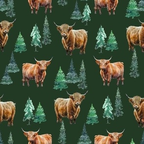 Highland Cow dark green watercolor winter evergreen fabric - fir trees 10in