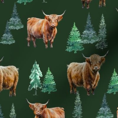 Highland Cow dark green watercolor winter evergreen fabric - fir trees 12in