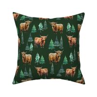 Highland Cow dark green watercolor winter evergreen fabric - fir trees 12in