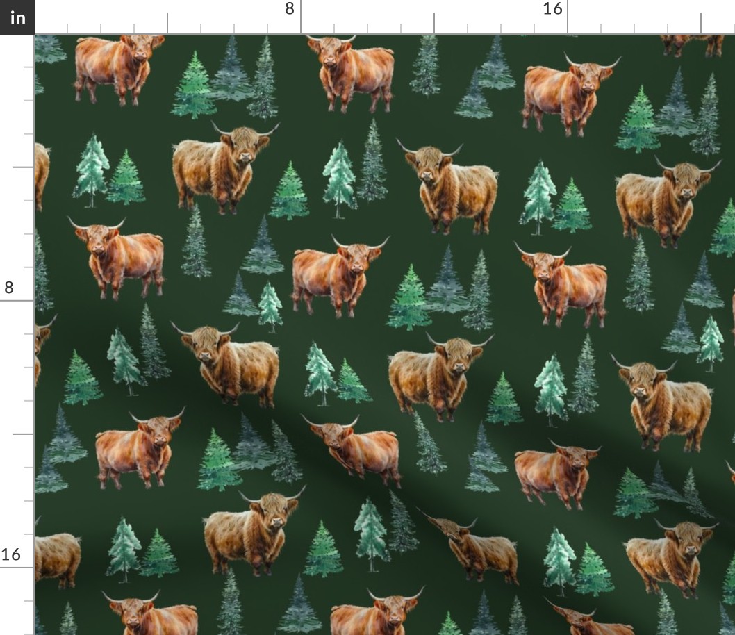 Highland Cow dark green watercolor winter evergreen fabric - fir trees 12in