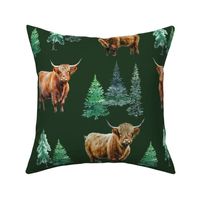 Highland Cow dark green watercolor winter evergreen fabric - fir trees
