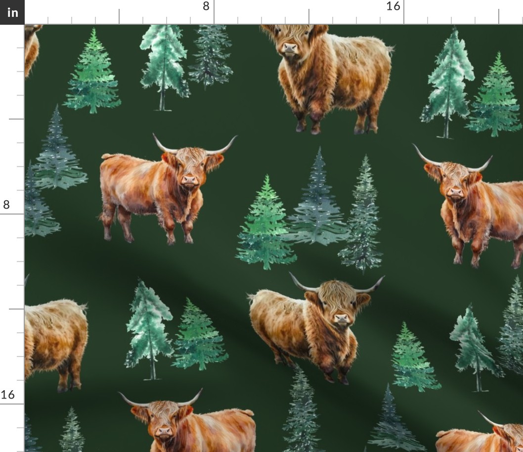 Highland Cow dark green watercolor winter evergreen fabric - fir trees