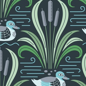 (L) Swimming ducks and cattails in a pond Pantone Mega Matter colors