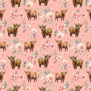 Highland Cow Peach Floral - watercolor flowers_ waterolours 4in