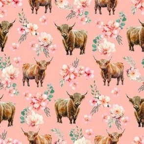 Highland Cow Peach Floral - watercolor flowers_ waterolours 6in