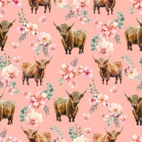 Highland Cow Peach Floral - watercolor flowers_ waterolours 8in