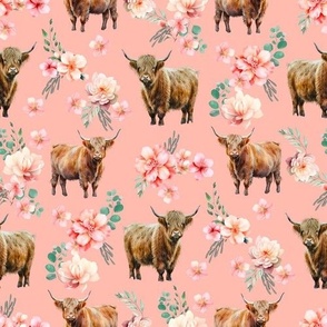 Highland Cow Peach Floral - watercolor flowers_ waterolours 10in