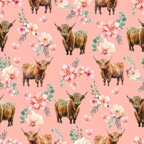 Highland Cow Peach Floral - watercolor flowers_ waterolours 12in