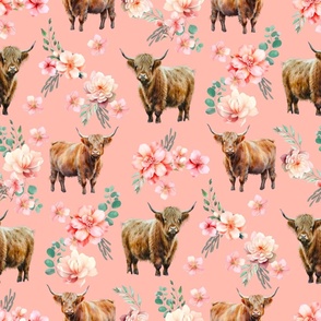 Highland Cow Peach Floral - watercolor flowers_ waterolours