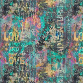 Urban Loft Revival Grunge Typography Art Grey Turquoise Yellow Smaller Scale