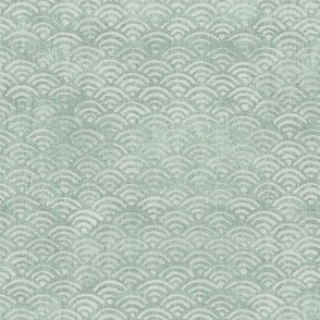 Block Print Waves in River Clay (large scale) | Block printed pattern in green and grey, home spa, mud mask, calm neutrals, natural wallpaper, hand block print Japanese waves Seigaiha pattern in neutral green.