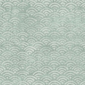 Block Print Waves in River Clay (xl scale) | Block printed pattern in green and grey, home spa, mud mask, calm neutrals, natural wallpaper, hand block print Japanese waves Seigaiha pattern in neutral green.