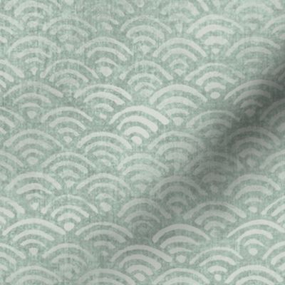 Block Print Waves in River Clay (xxl scale) | Block printed pattern in green and grey, home spa, mud mask, calm neutrals, natural wallpaper, hand block print Japanese waves Seigaiha pattern in neutral green.