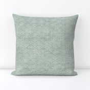 Block Print Waves in River Clay (xxl scale) | Block printed pattern in green and grey, home spa, mud mask, calm neutrals, natural wallpaper, hand block print Japanese waves Seigaiha pattern in neutral green.
