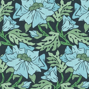 Blue Flower - Large - Green - Linen Texture, Blue, Charcoal