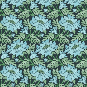 Blue Flower - Medium - Green - Linen Texture, Blue, Charcoal