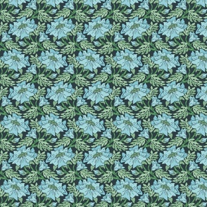 Blue Flower - Small - Green - Linen Texture, Blue, Charcoal